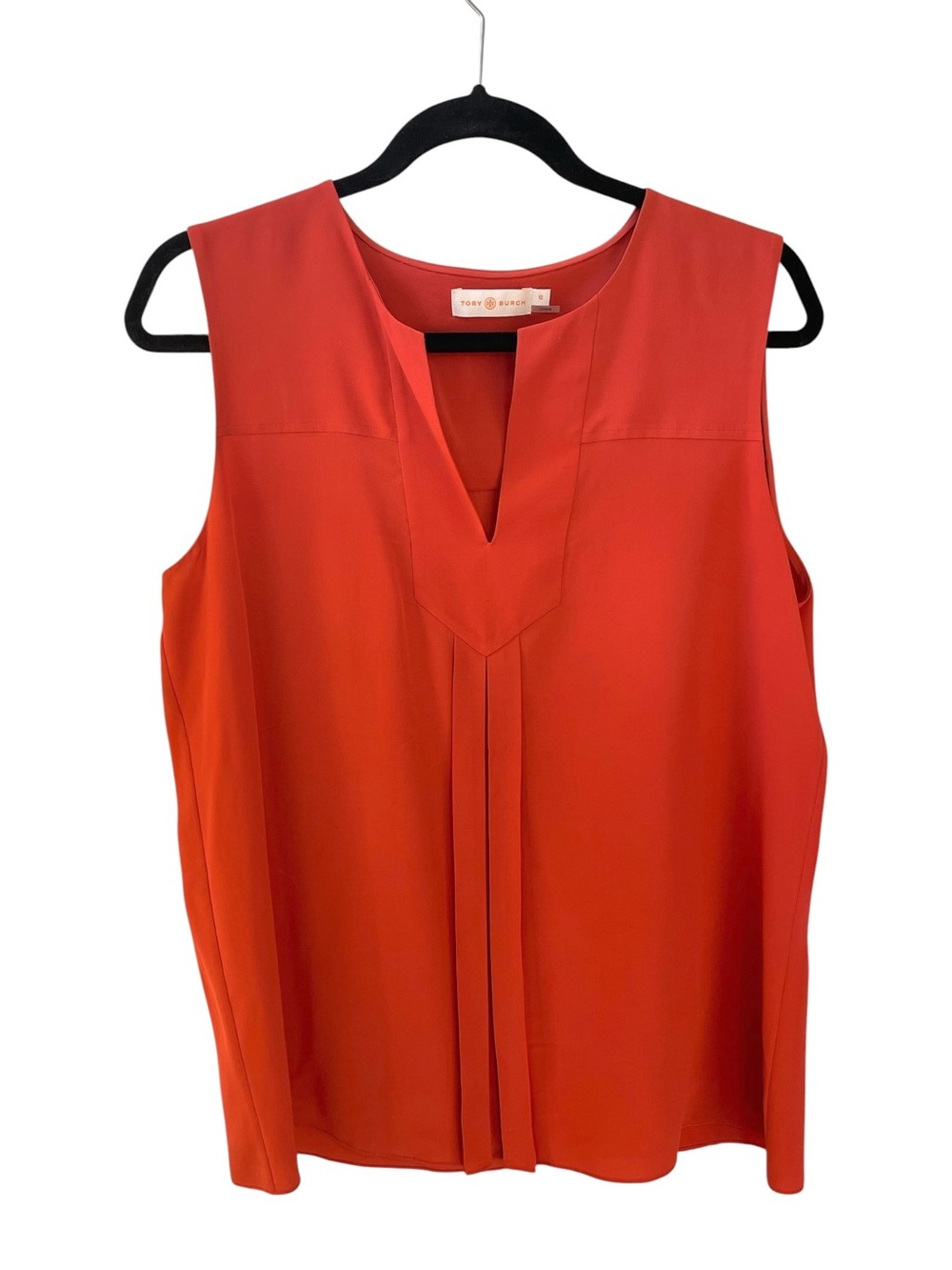 Tory Burch Silk Sleeveless Split Neck Blouse Red Orange